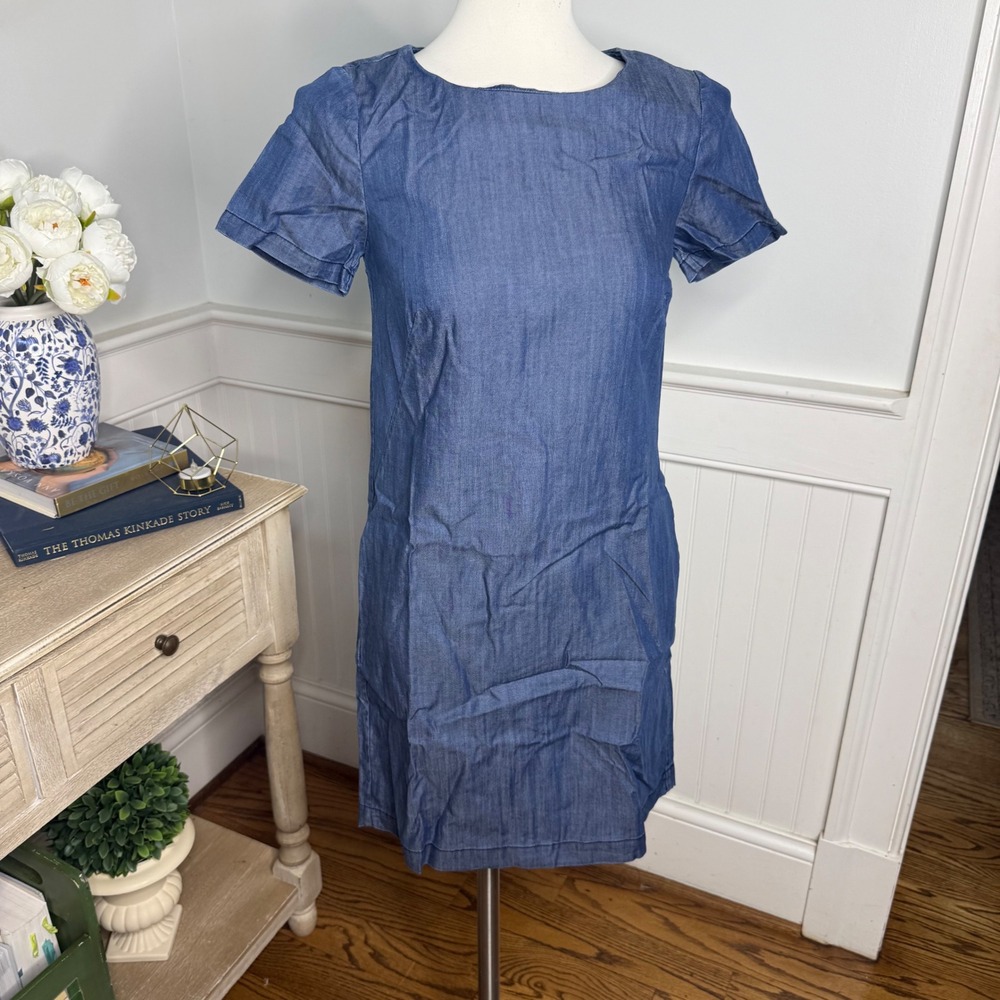 Boden Womens Blue Denim Short Sleeve Shift Dress‎ Exposed Back Zip Size 2R